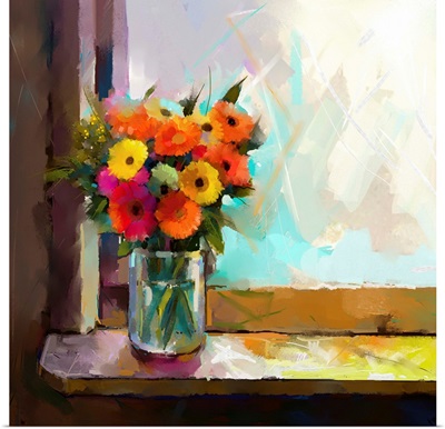 Oil painting of a flowers in a glass vase on a window sill