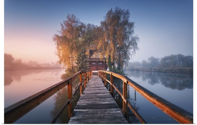 Old Fisherman House And Wooden Pier At Foggy Morning In Autumn, Ukraine