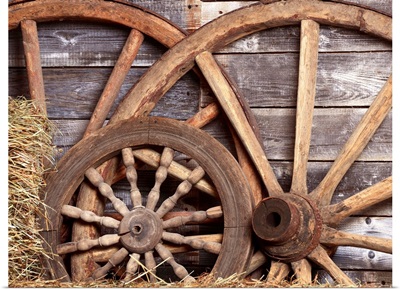 Old wheels from a cart in shed