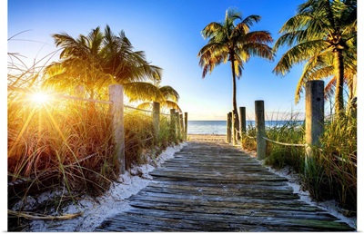 Old wooden walkway to a tropical beach, Key West