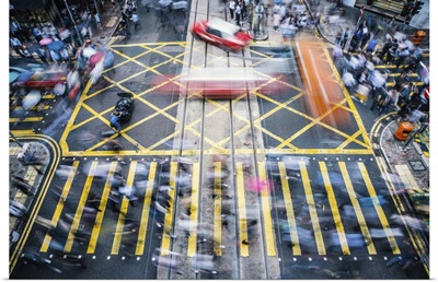 People And Taxi Cabs At A Busy Crossroads In The Central District, Hong Kong, China