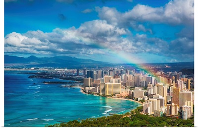 Rainbow over Honolulu, Hawaii skyline.