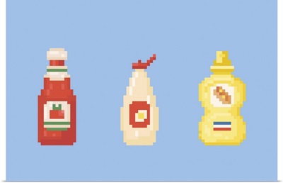 Retro 8-Bit Tomato Ketchup, Mayonnaise And Mustard Sauce Bottles
