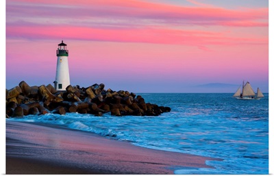 Santa Cruz Breakwater Lighthouse in Santa Cruz, California at sunset