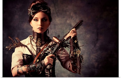 Steampunk Woman Holding A Gun