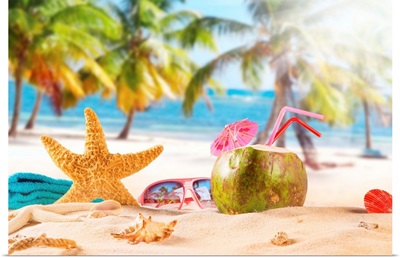 Summer coconut cocktail on tropical beach