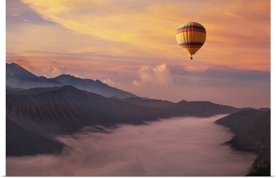 Travel On Hot Air Balloon, Beautiful Inspirational Landscape With Sunrise Colorful Sky
