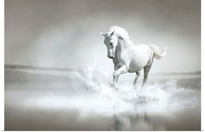 White Horse Running Through Water
