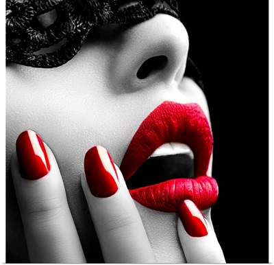 Woman With A Mask And Red Lips and Nails