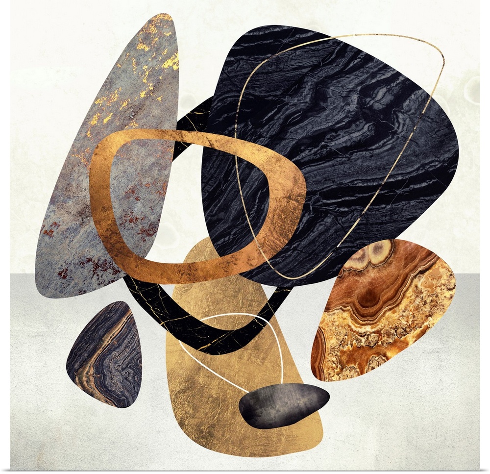 Abstract depiction of mid-century pebbles and shapes with texture.