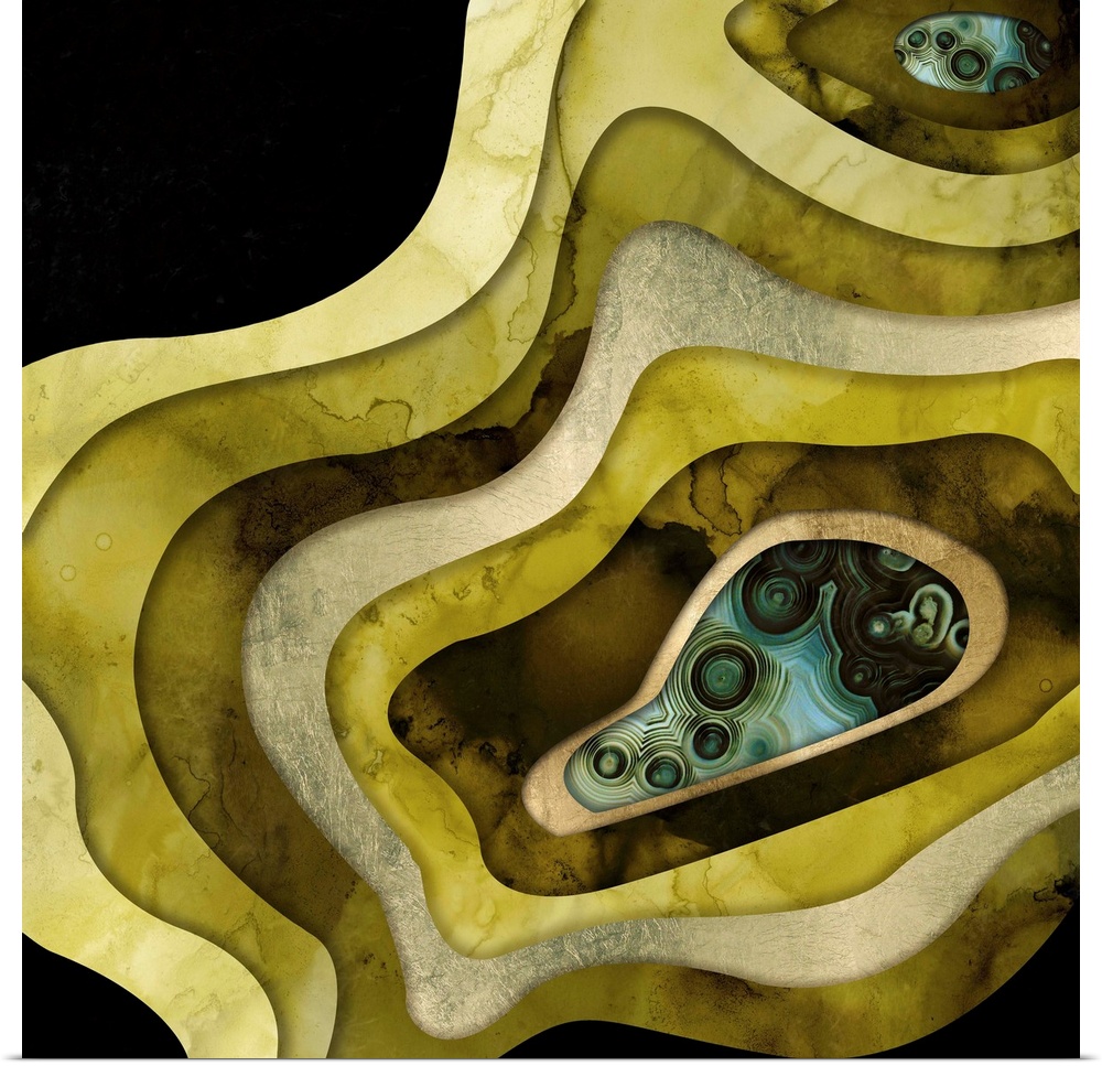 Abstract depiction of agate with green, teal, gold and black.