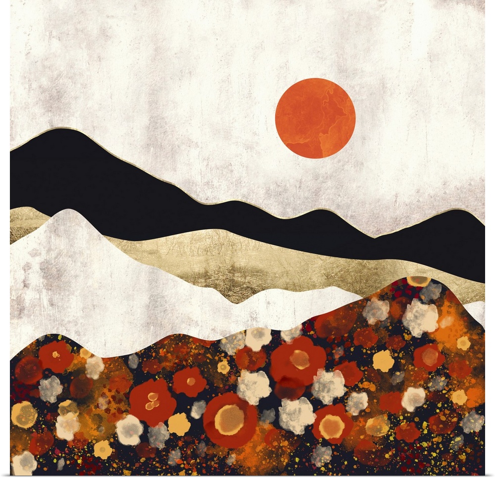 Abstract contemporary autumn landscape featureing flowers, fields, mountains, orange, ivory, gold and black.