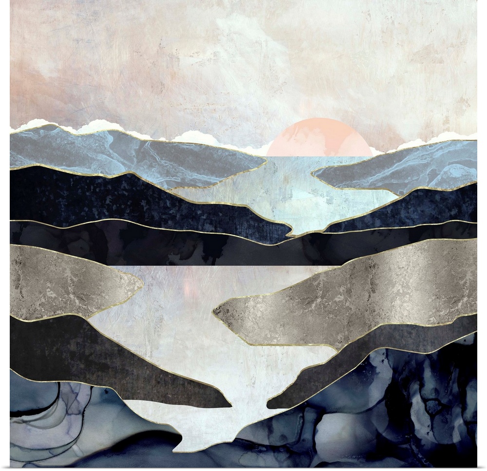 Abstract depiction of a landscape with mountains and lake.