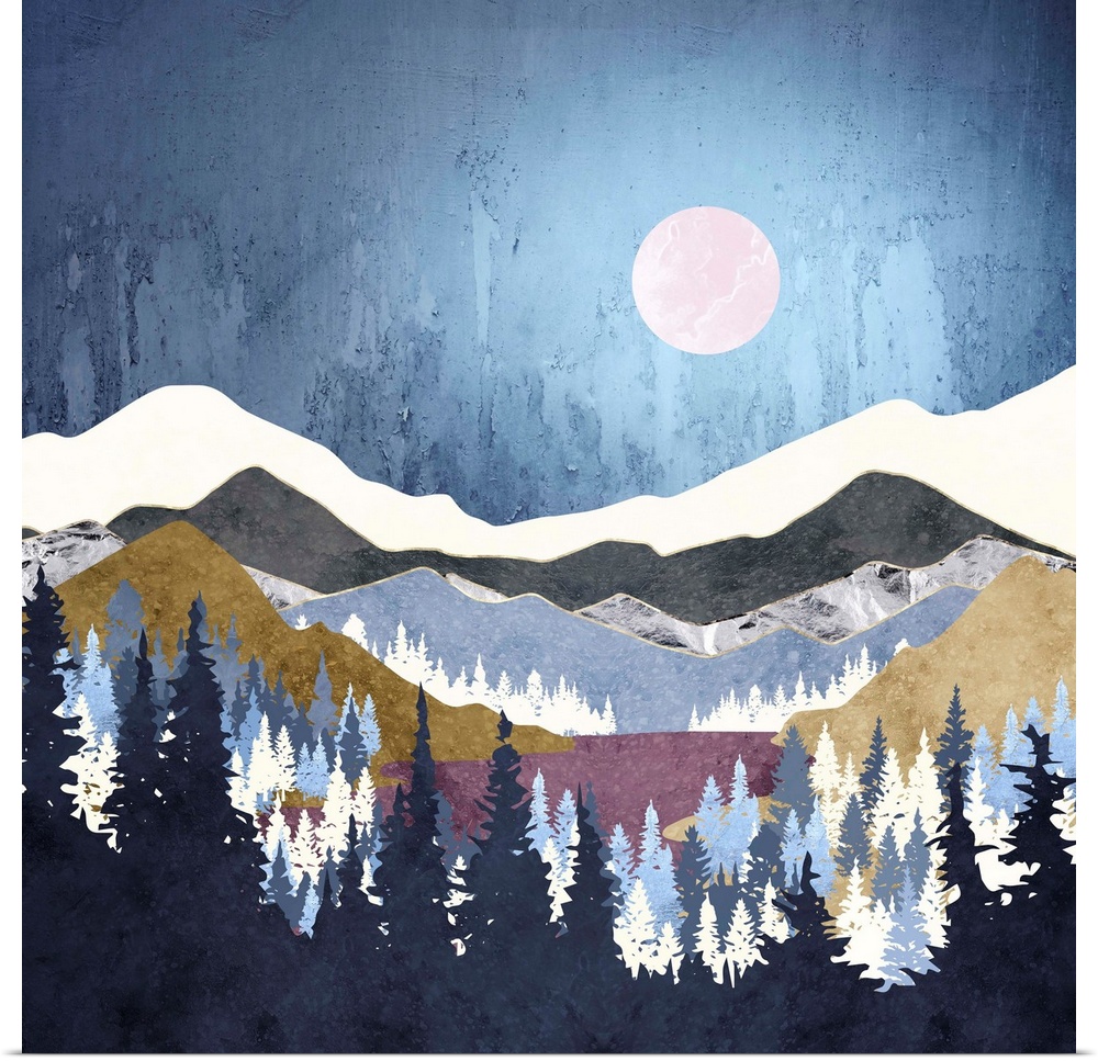 Abstract depiction of a landscape with trees, mountains, gold and blue.