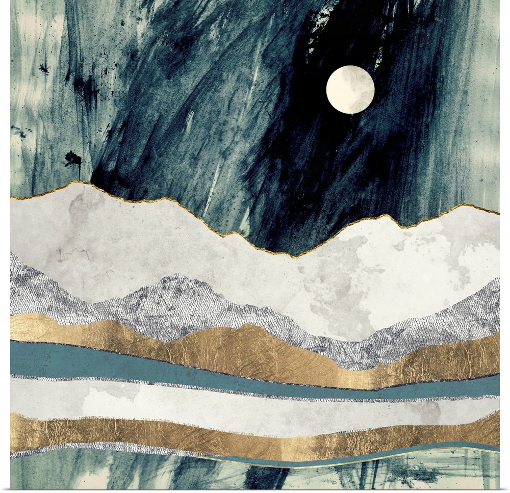 Abstract depiction of a landscape with mountains, gold, ivory and grey.
