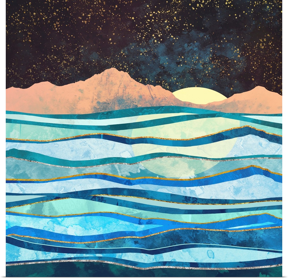 Abstract depiction of a seascape with waves, mountains and stars.