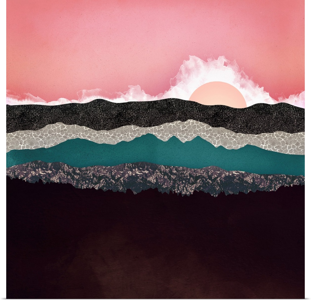 Abstract depiction of a landscape with mountains, clouds, pink and teal.
