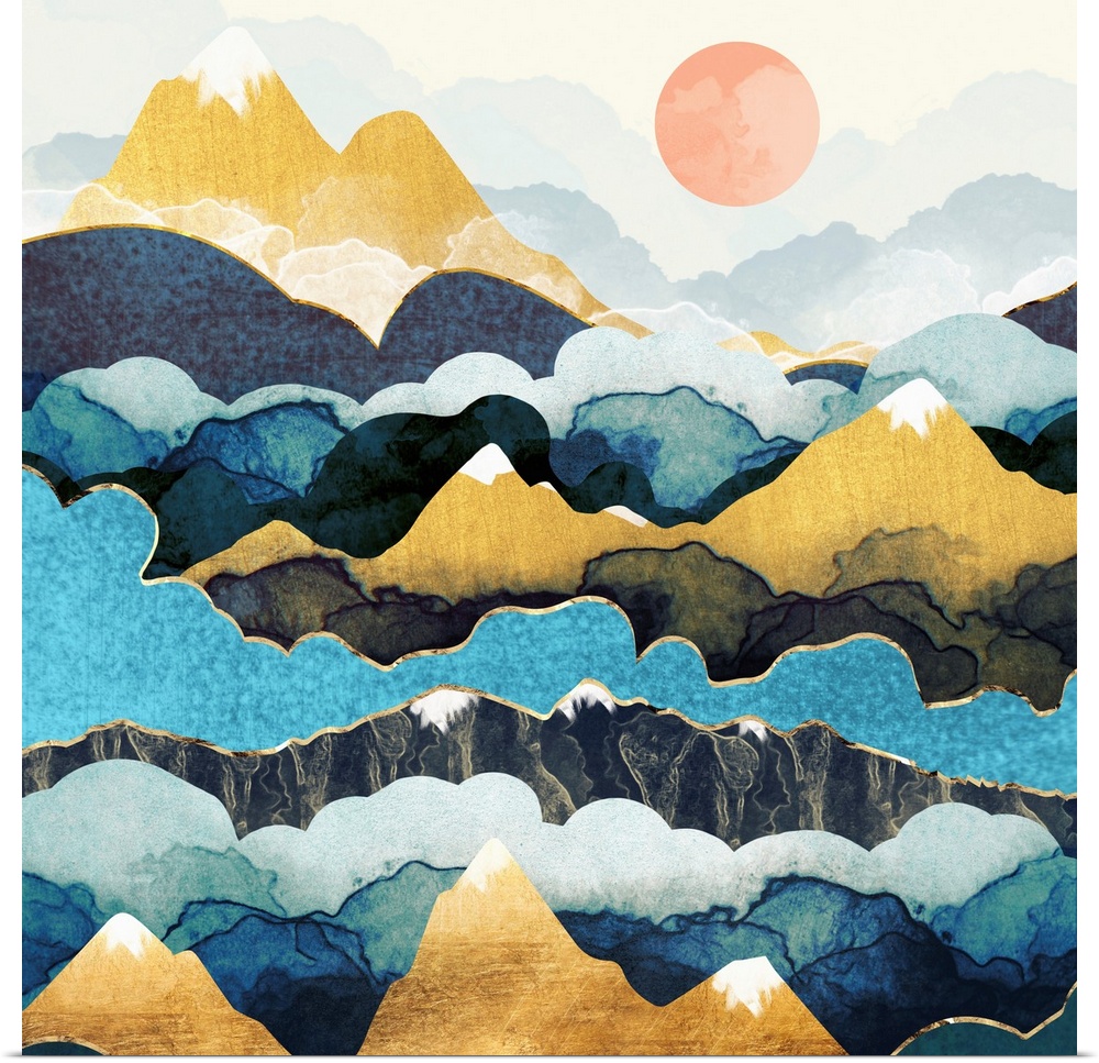 Abstract depiction of a landscape with mountain peaks, clouds, blue, gold and pink.