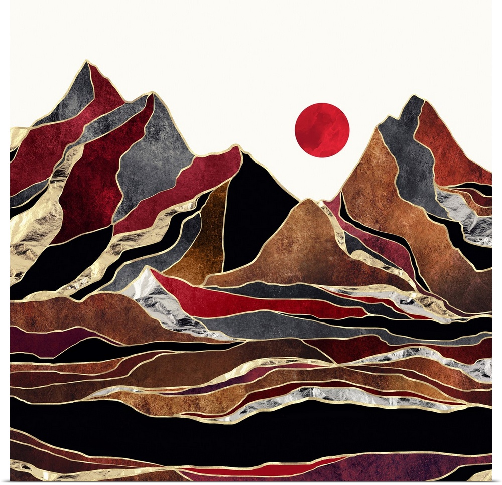Abstract depiction of a landscape with brown, copper, gold and crimson.