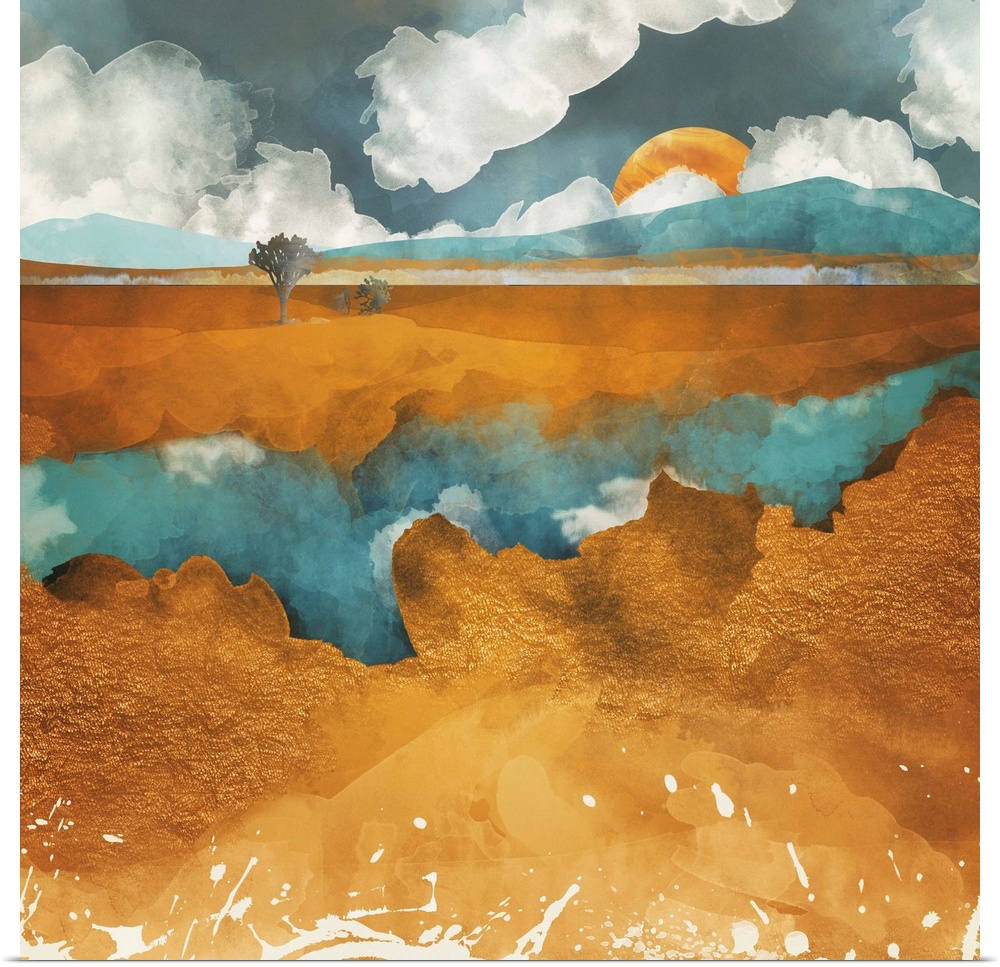 Abstract depiction of a desert river with trees, water, clouds and blue.