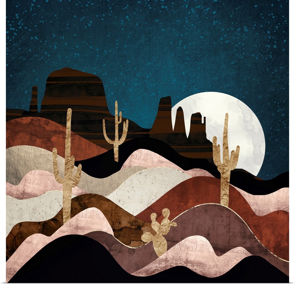 Abstract desert landscape with stars, cacti, mountains, gold, brown and pink.