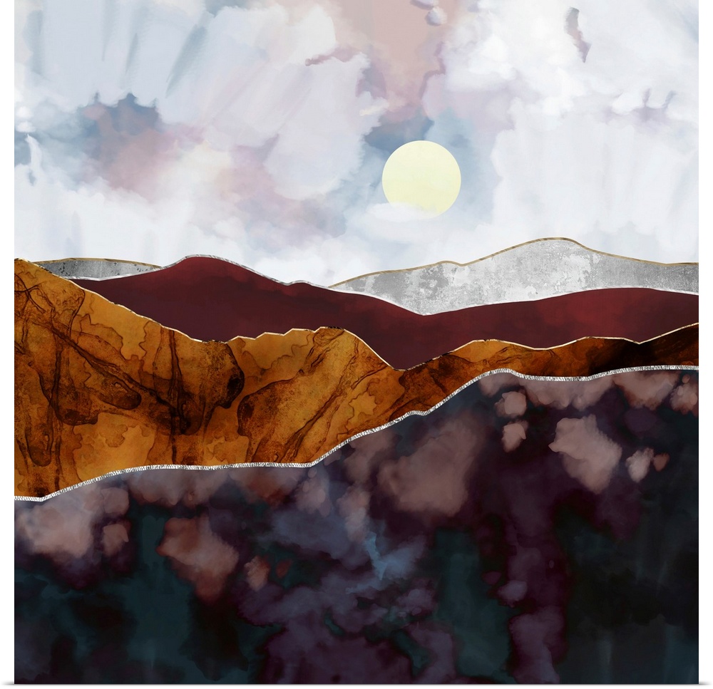 Abstract depiction of landscape with light off in the distance and mountains.
