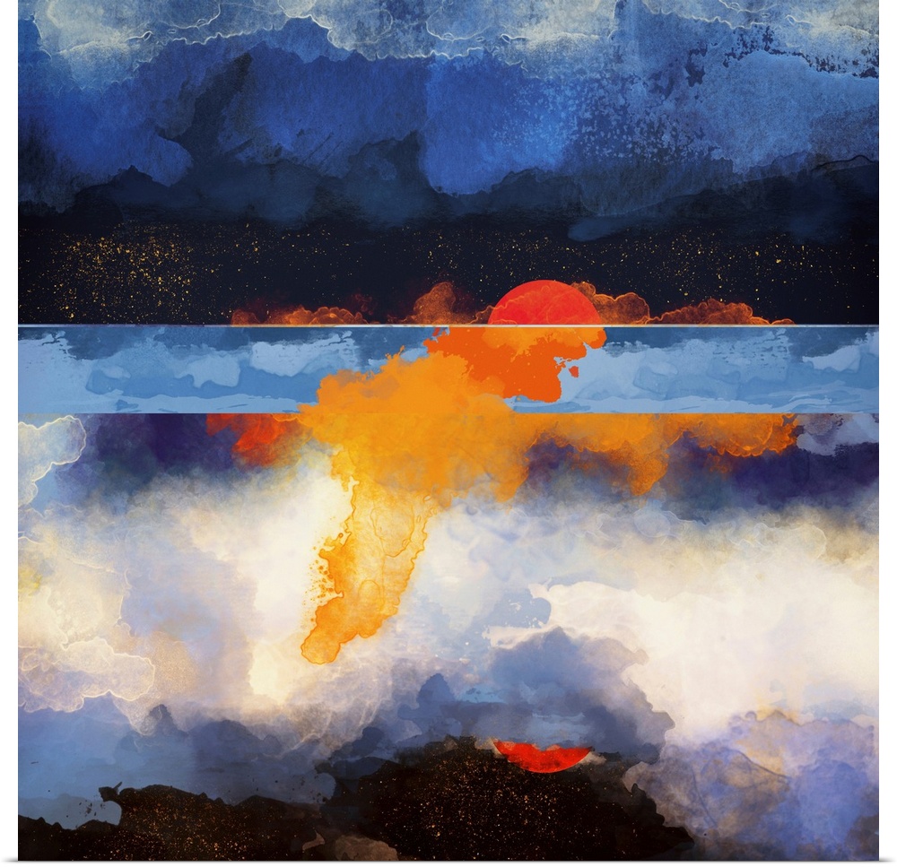 Abstract depiction of a reflection at dusk with water, blue, orange and white.