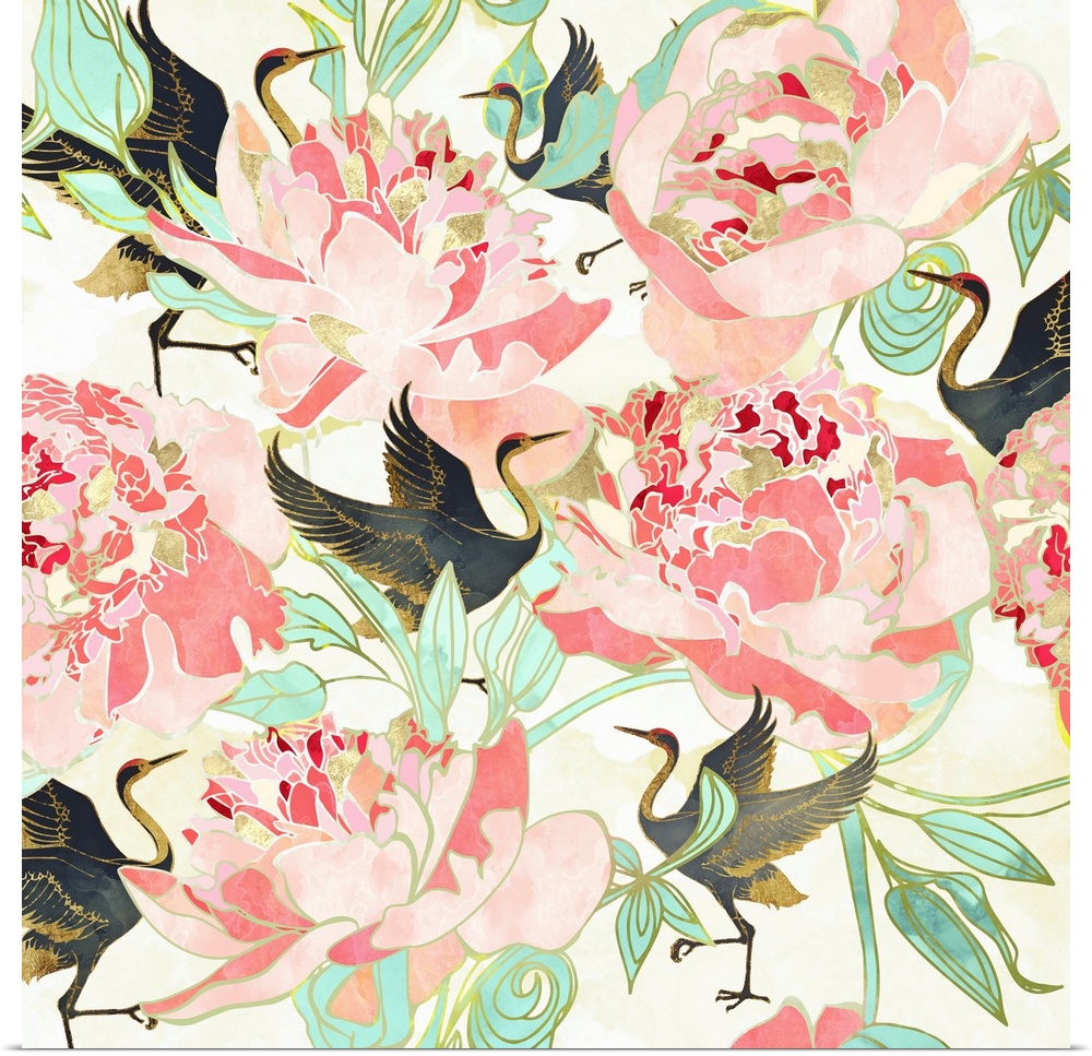 Abstract floral pattern with cranes, leaves, petals, pink, green and gold.
