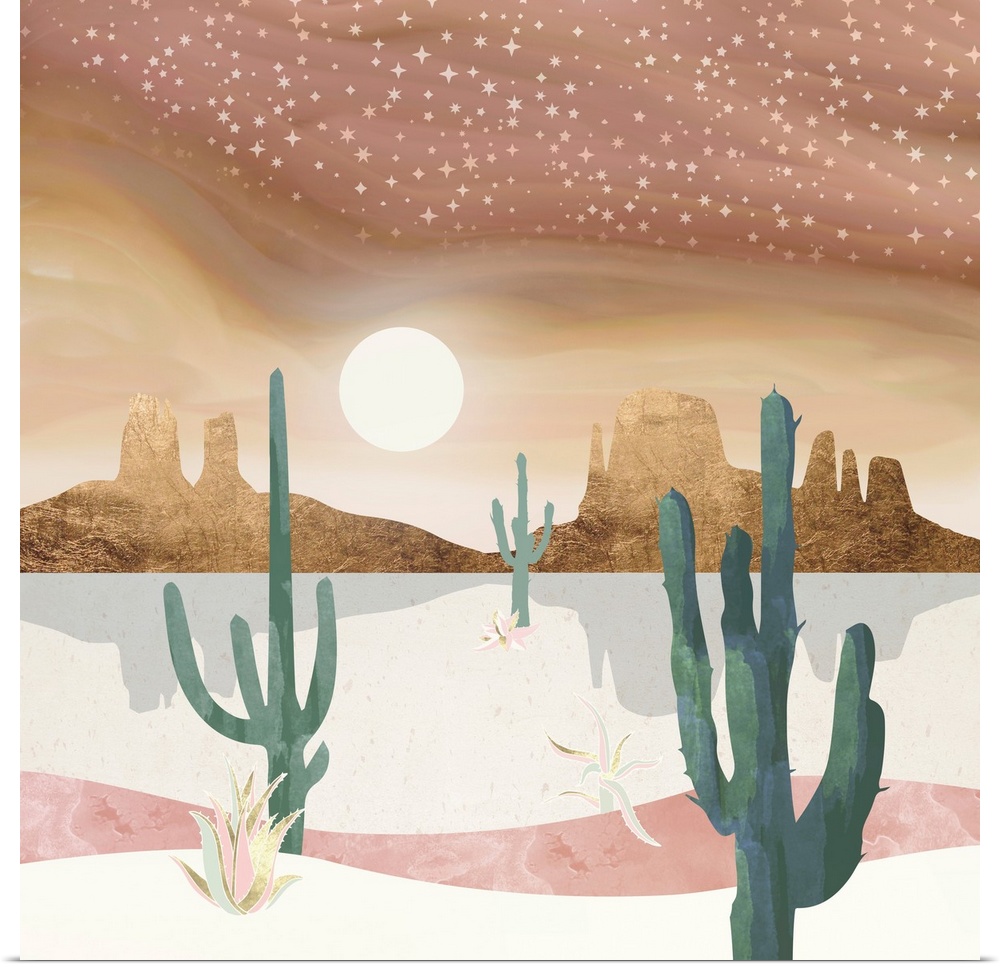 Abstract desert scene featuring a honey sky, mountains, stars, gold, cactus, pink and green.