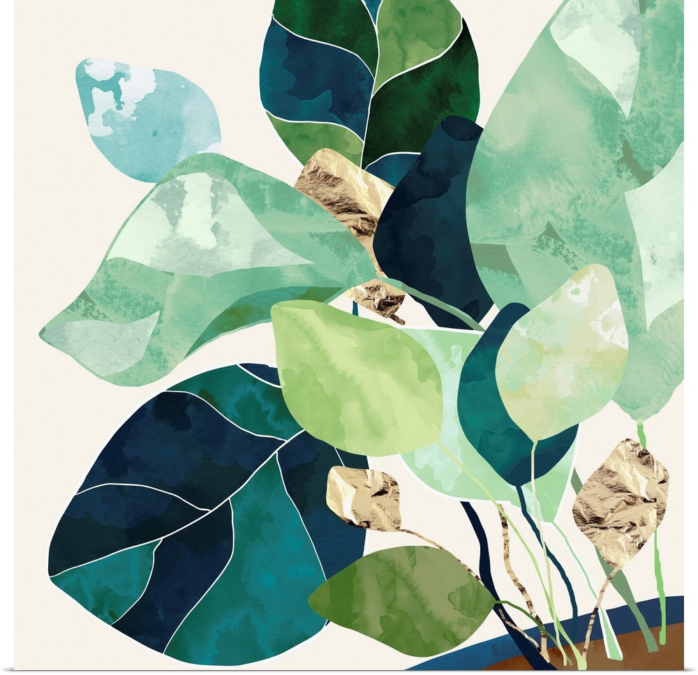 Abstract depiction of a house plant with indigo, gold, green, teal, sage and brown.