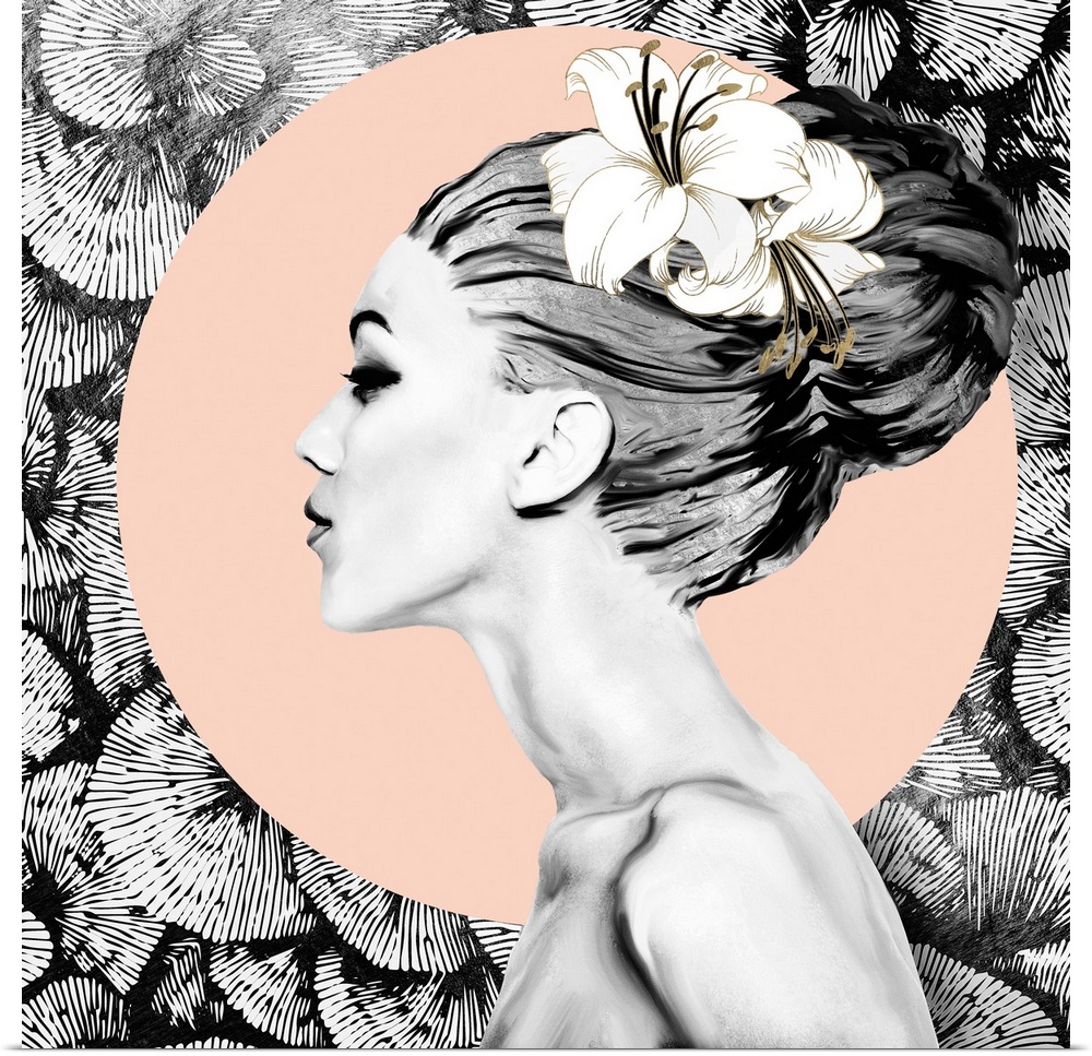 Abstract depiction of a woman with floral background, black, pink and gold.