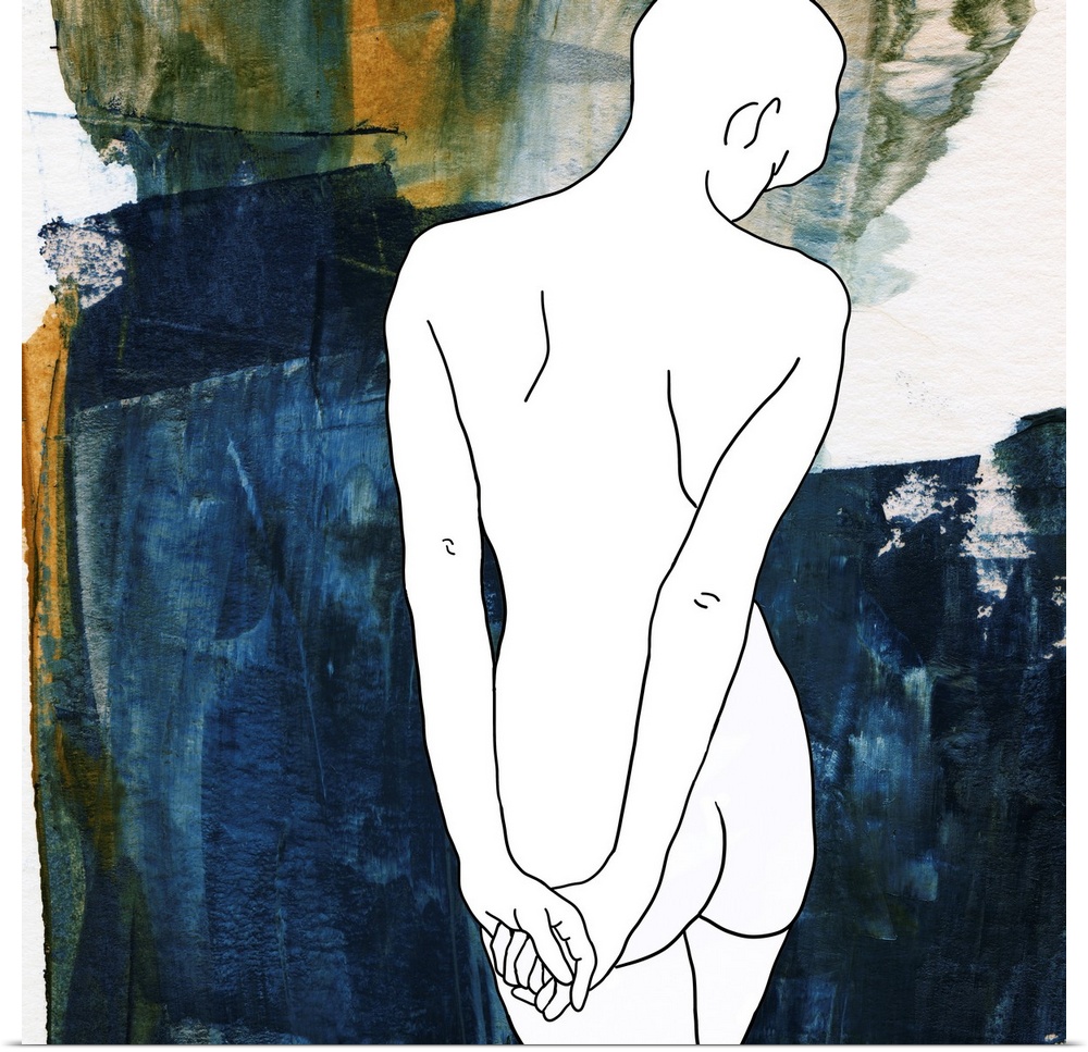 Abstract depiction of a woman in a moment of calm with blue, white and orange.