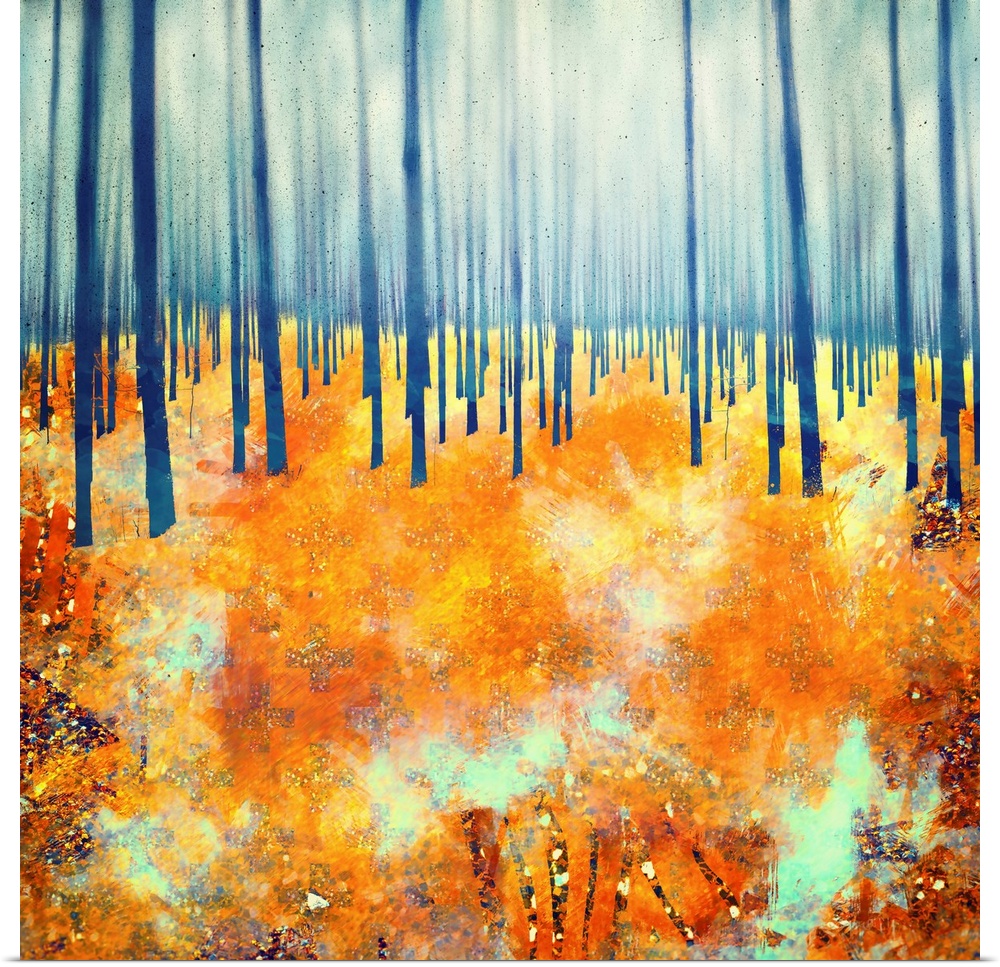 Abstract depiction of a forest floor in late autumn with blue, orange and red.
