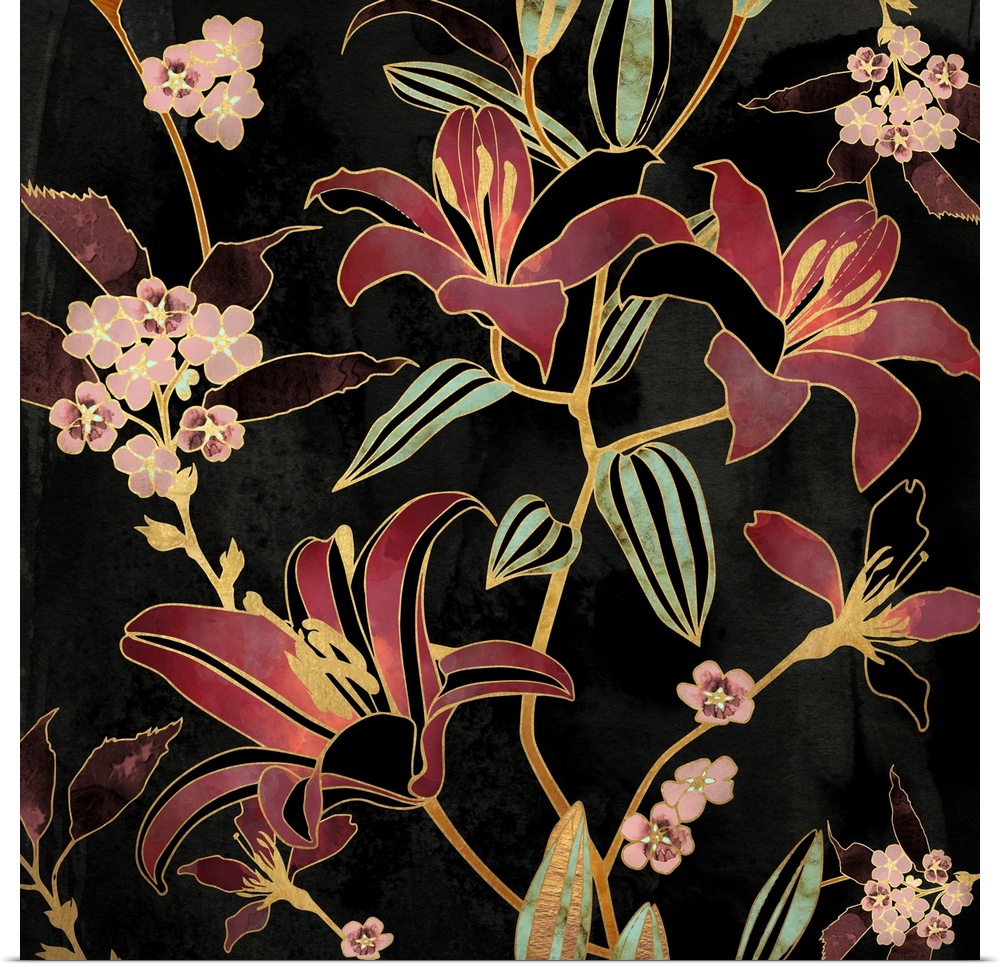 Abstract depiction of a floral arrangements of lilies with black, gold, green and pink.