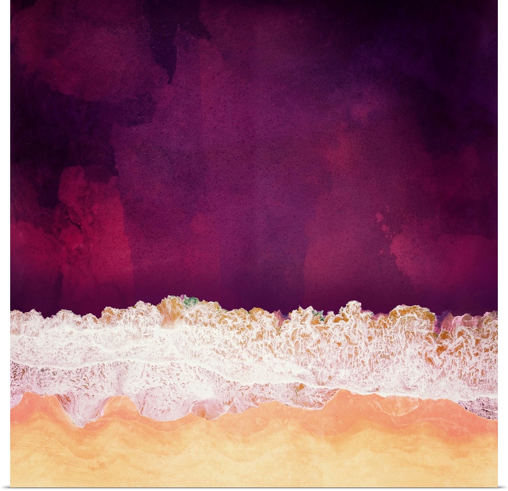 Abstract depiction of a maroon ocean with sea foam, sand and purple.