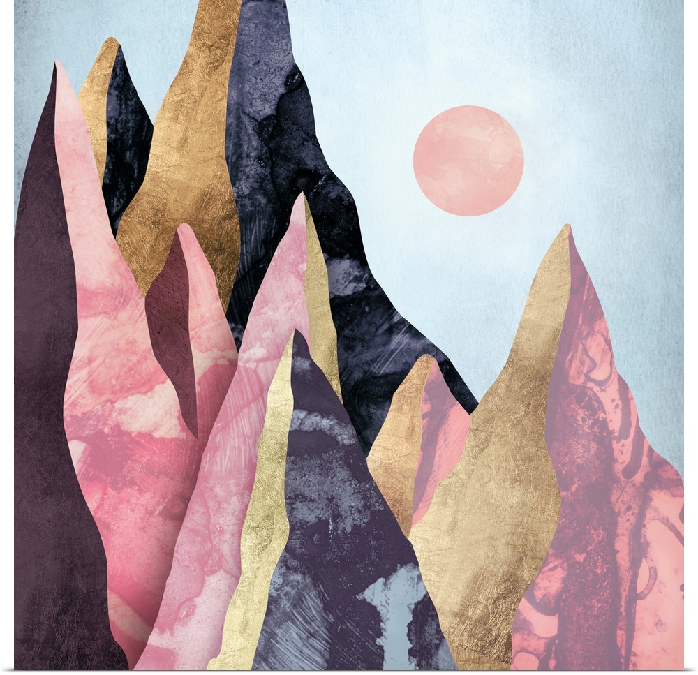Abstract depiction of mauve mountain peaks with gold, pink and grey.