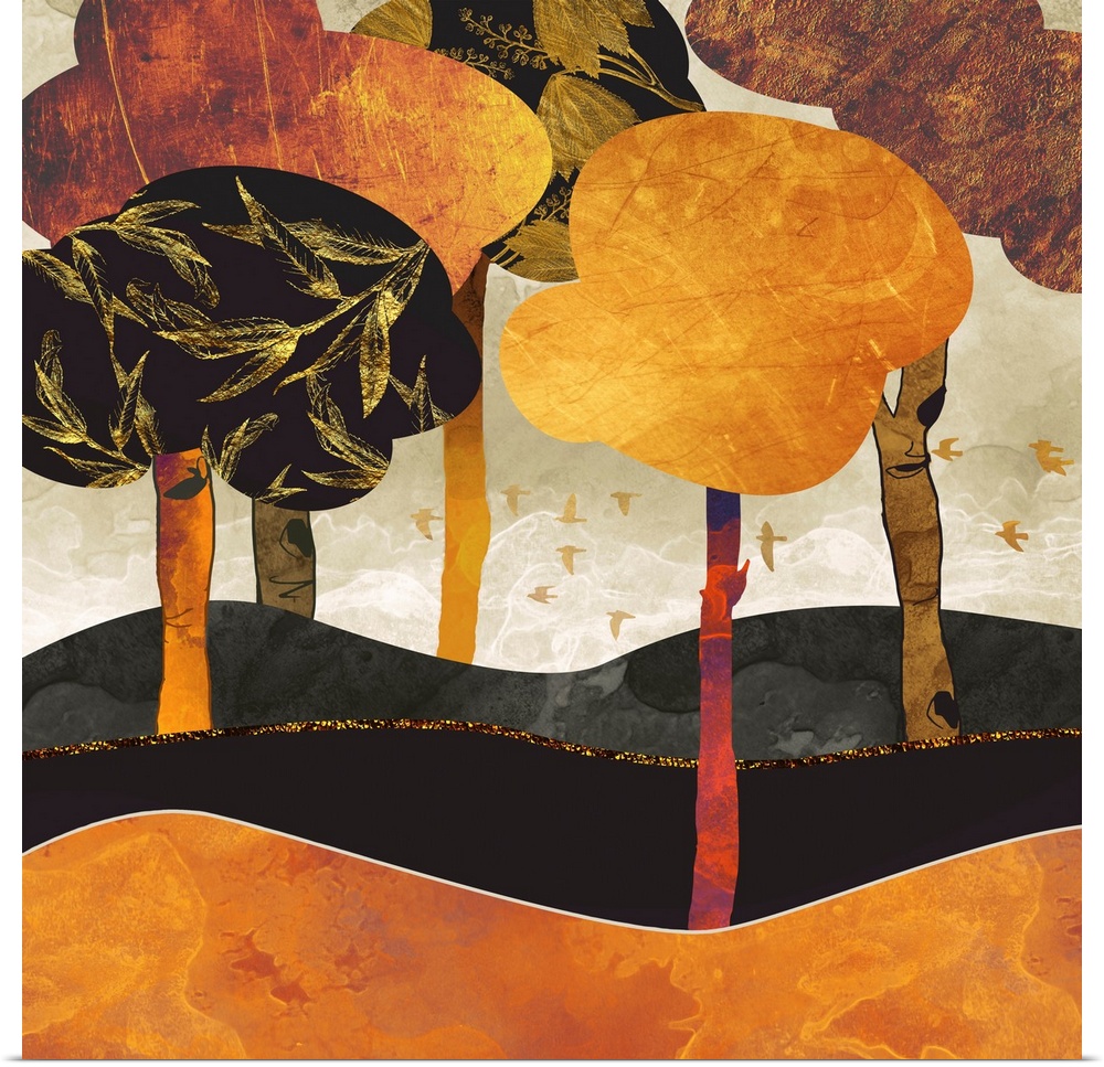 Abstract depiction of a metallic forest with birds, orange, rust, black and gold.
