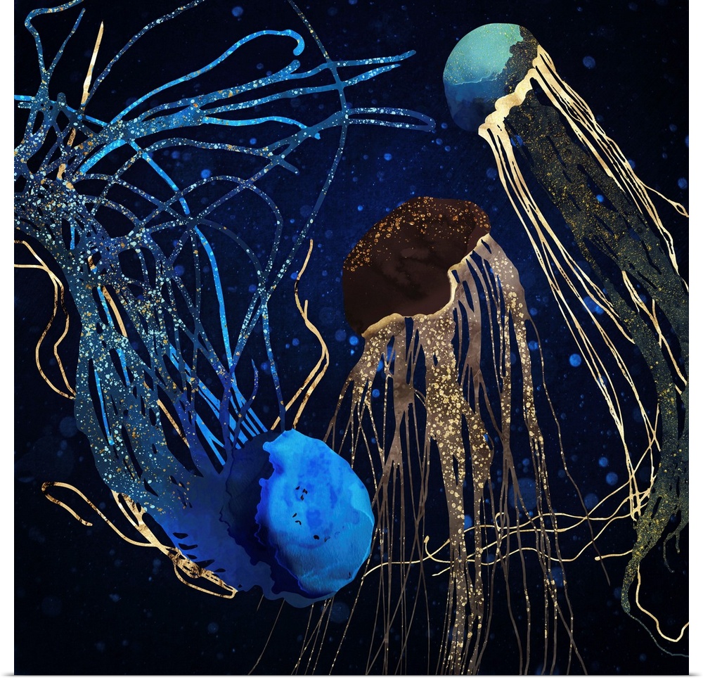 Abstract depiction of jellyfish with gold, blue, brown, teal, navy and water.