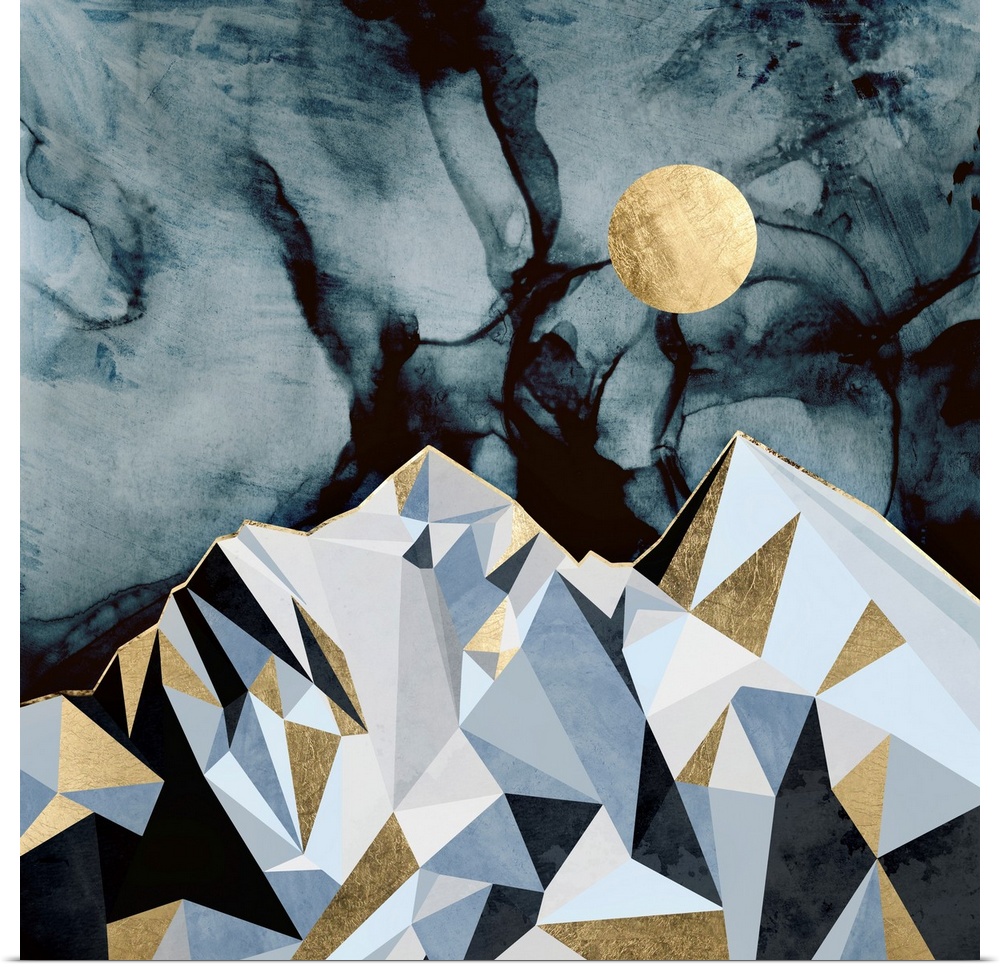 Abstract depiction of mountain peaks at midnight with gold, grey and blue.