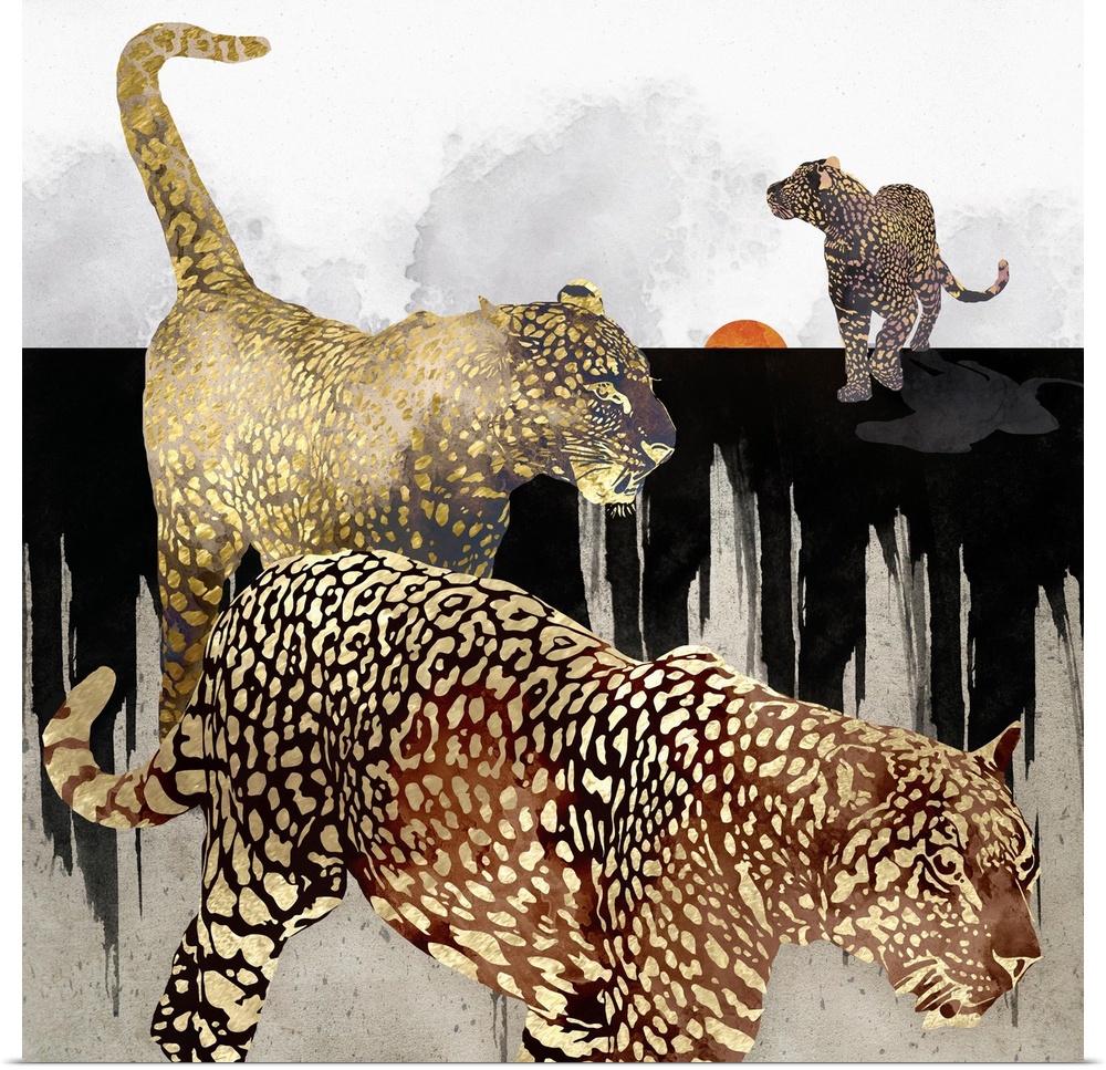 Abstract depiction of leopards with gold, black, white and orange.