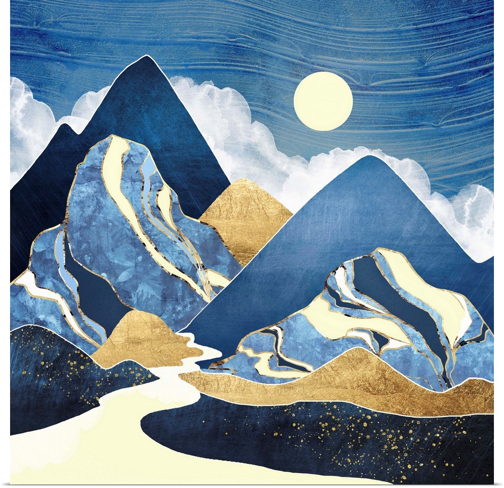 Abstract landscape with mountains, river, moon, blue, gold and yellow.