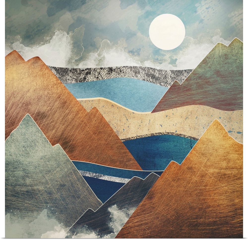 Abstract depiction of a mountain pass with brown, texture, blue and brown.
