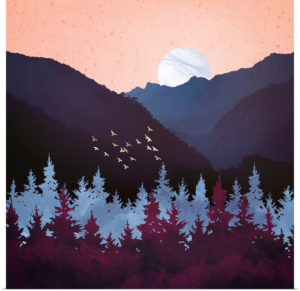 Abstract landscape featuring a mulberry dusk with birds, mountains, mauve and pink.
