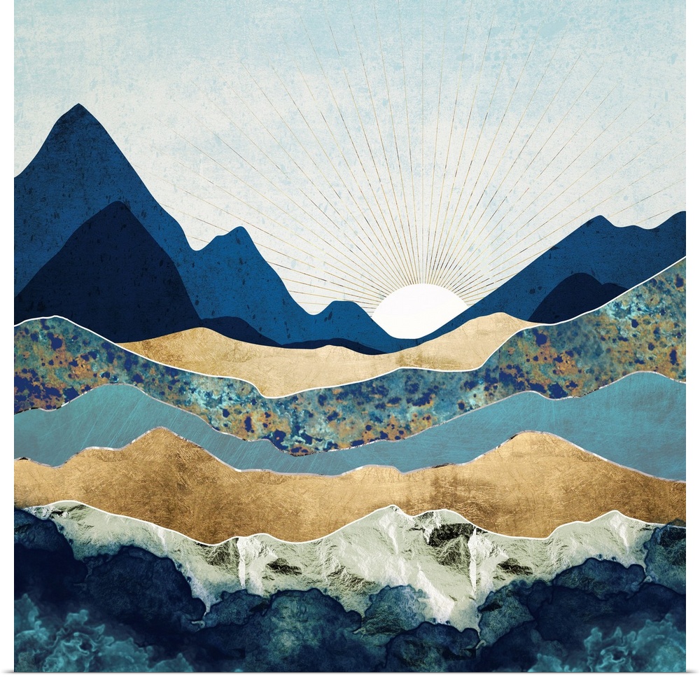 Abstract landscape with mountains, blue, gold, sun and sky.