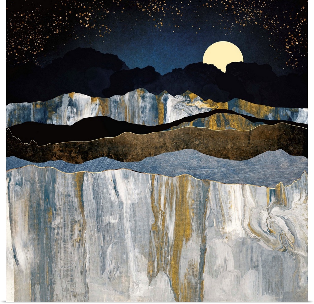 Abstract depiction of mountains with stars, indigo, texture, yellow and grey.