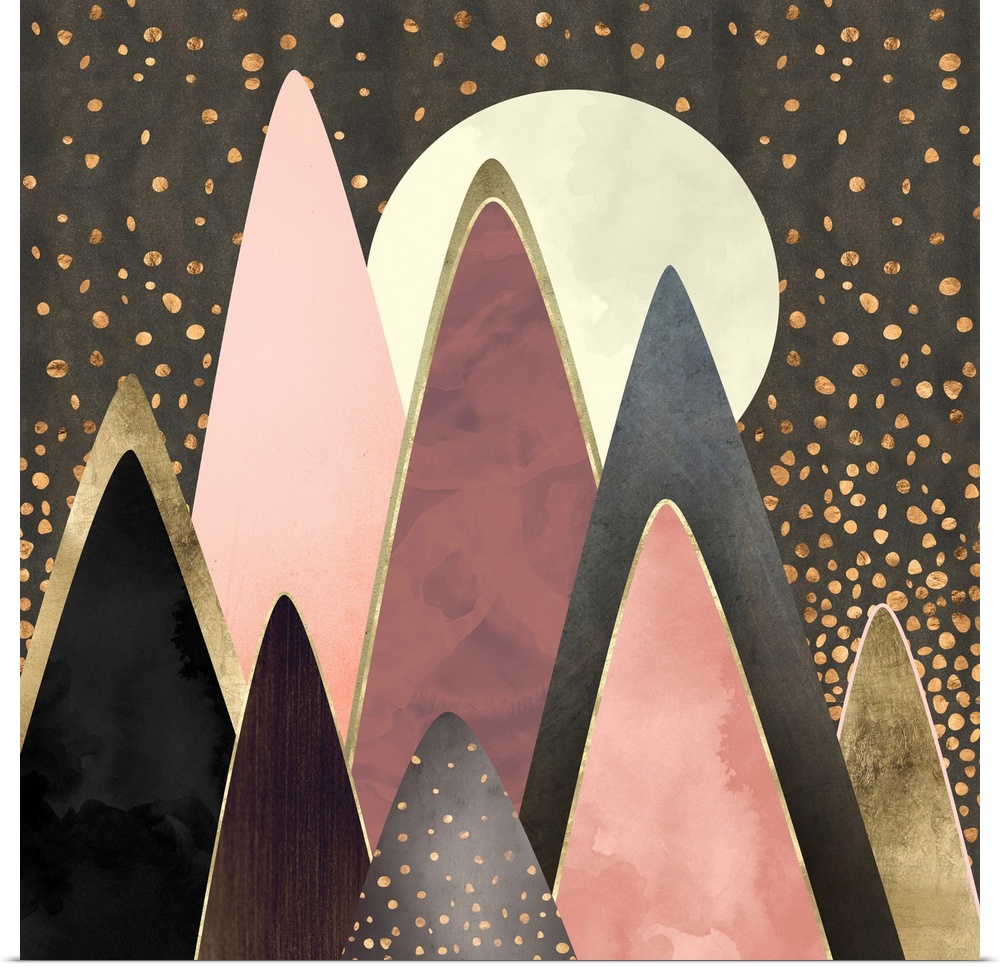 Abstract depiction of pink and gold mountain peaks.