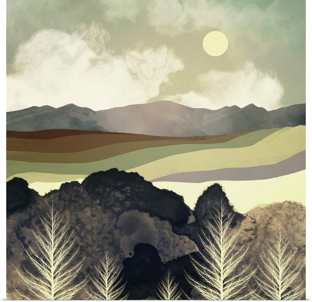 Abstract depiction of a retro afternoon with mountains, trees, green and brown.