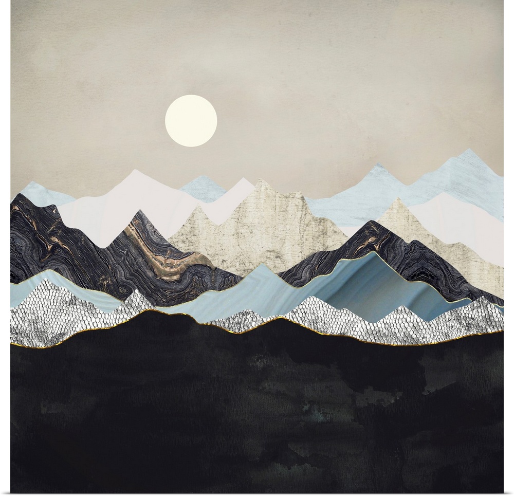 Abstract landscape depicting silent dusk with mountains, gold, silver and blue.