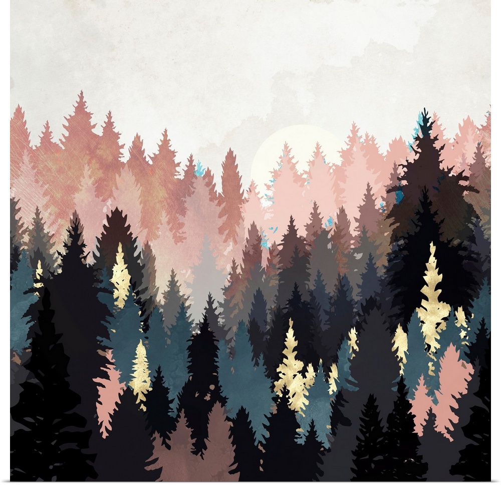 Abstract depiction of a spring forest with grey, pink, teal, gold and texture.