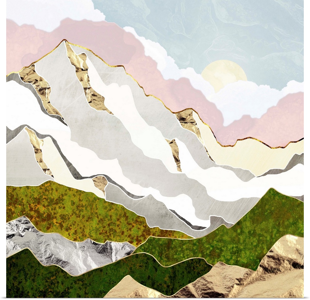 Abstract depiction of a mountain in spring with gold, pink, white and green.